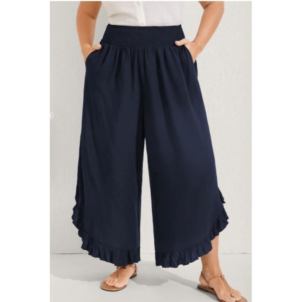 BloomChic Navy Blue Ruffle Wide Leg Boho Pants Smocked  Plus Size Curvy Size 30